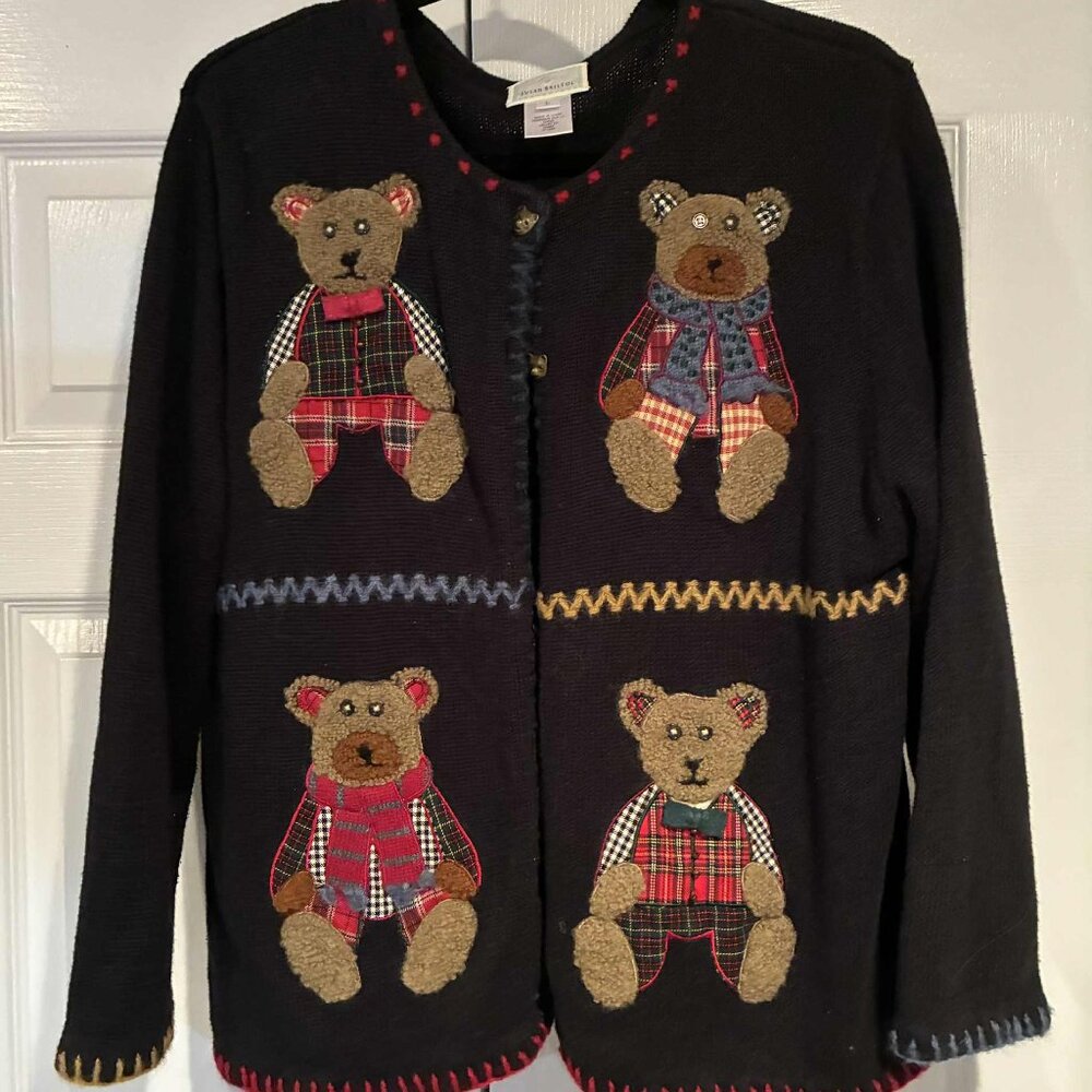 Susan Bristol Teddy Bear Sweater Cardigan Holiday Christmas